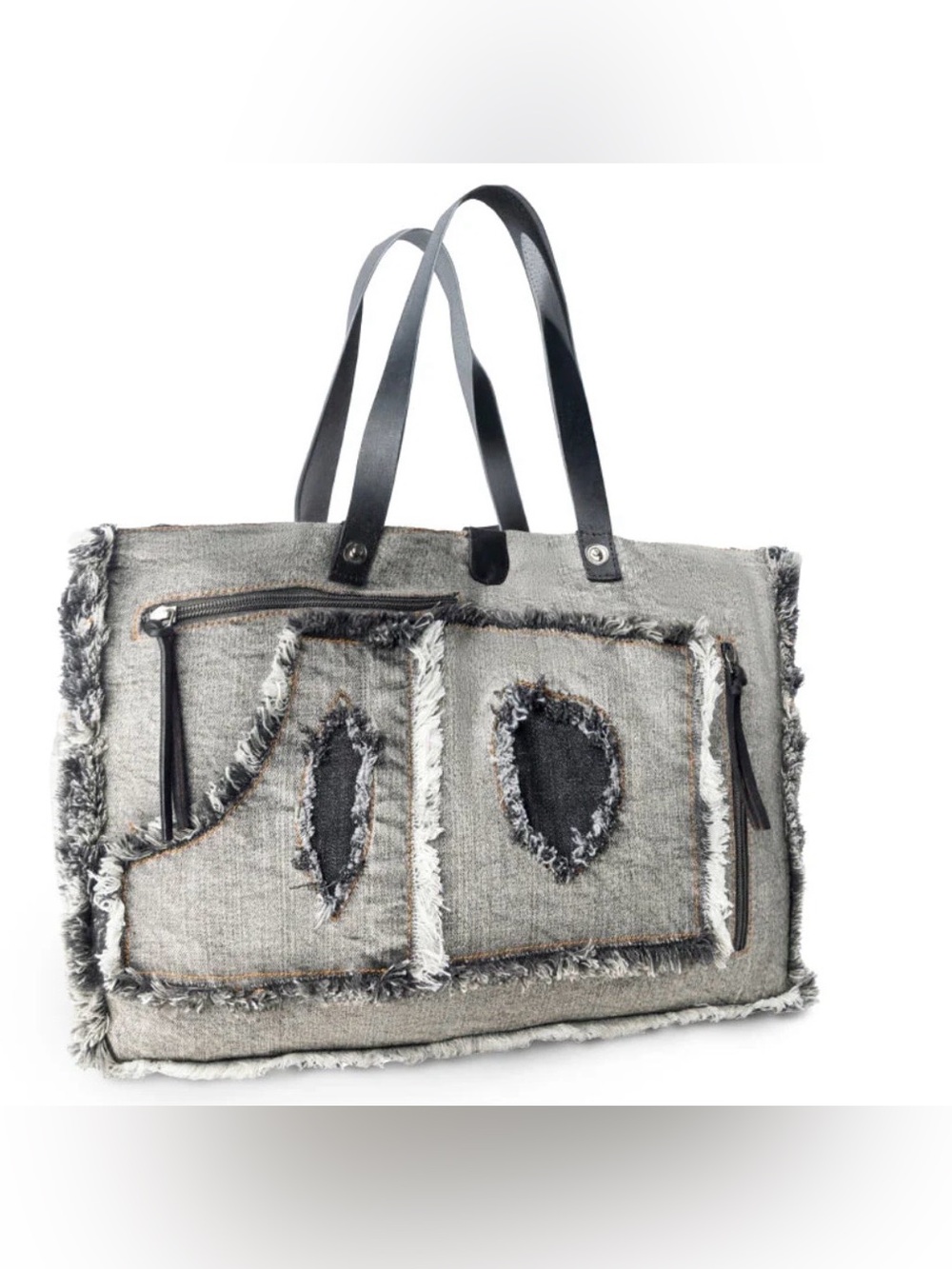 MYRA FRAYED FRONTIER WESTERN DENIM TOTE BAG IN DENIM BLACK WITH FRINGE DETAIL - Picture 2 of 6